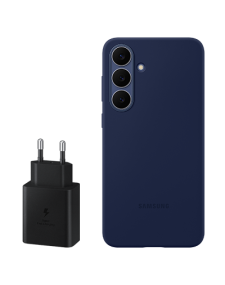 ערכת אביזרים מקורית סמסונג S25 FE ראש מטען 45W+ כיסוי סליקון בצבע כחול כהה