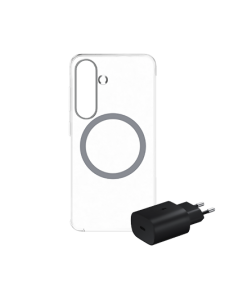 ערכת סמסונג מקורית ראש מטען מקורי 25w + כיסוי אחורי מקורי שקוף עבור Samsung Galaxy S25 Plus Clear Case Magnet