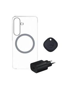 ערכת סמסונג מקורית ראש מטען מקורי 25w + כיסוי אחורי מקורי שקוף + סמארט תג עבור Samsung Galaxy S25 Plus Clear Case Magnet + Smart Tag